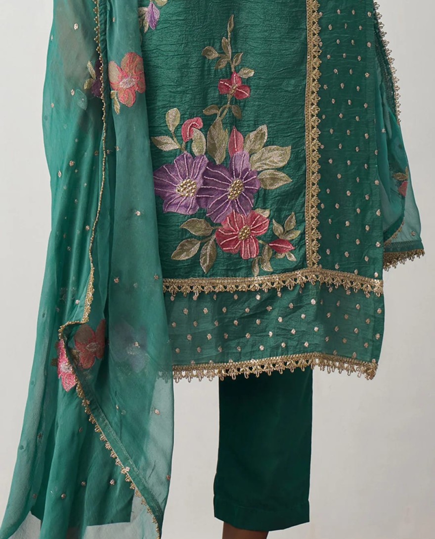 1004 - Dark Emerald Green Silk Pant Suit With Chiffon Dupatta